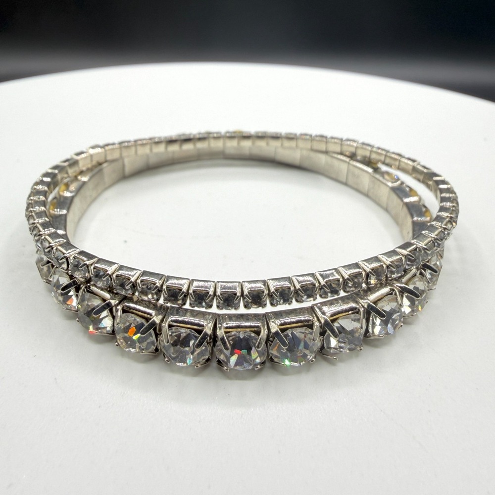Clear Rhinestone Double Row Expansion Bracelet Silver Tone Statement Jewelry